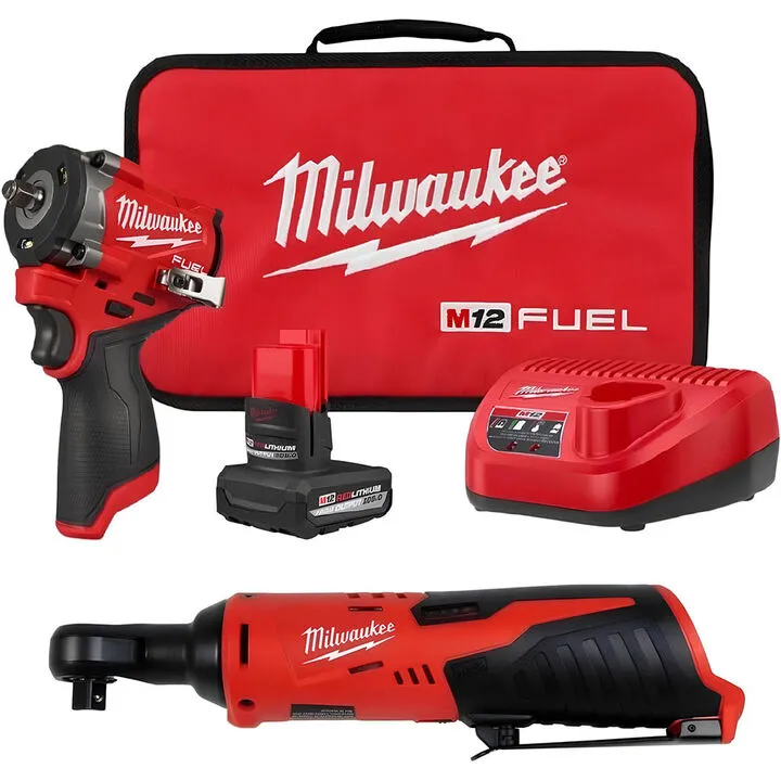 Milwaukee M12 Stubby 3/8 Inch Impact Wrench and 3/8 Inch Ratchet Professional Bundle