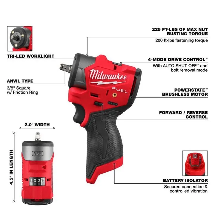 Milwaukee M12 FUEL 3/8 Inch Subcompact Impact Wrench (Bare Tool) 1