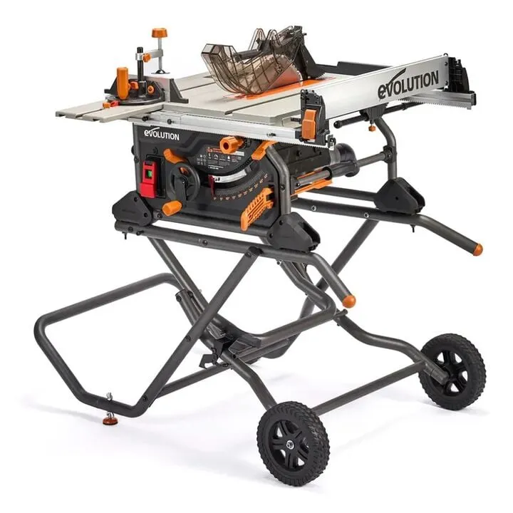 Evolution Power Tools R10TBLX 10-Inch Multi-Material Table Saw with Integrated Wheeled Scissor Stand
