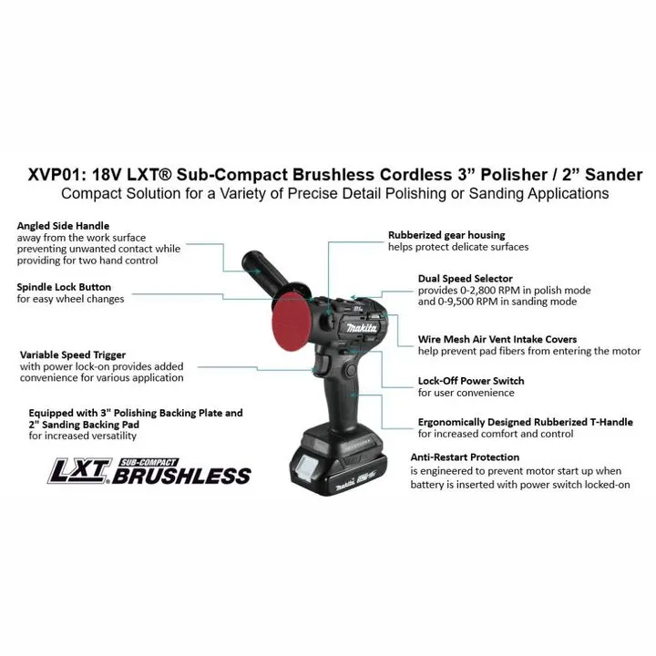Makita 18V LXT 3in Polisher/2in Sander Lithium Ion Sub-Compact (Bare Tool) 1