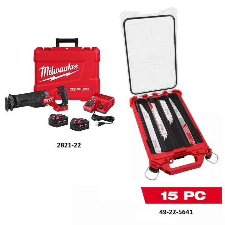 Milwaukee M18 Cordless Reciprocating Saw Bundle - Includes (2) XC5.0 Batteries & 15-Piece Blade Packout Kit 1