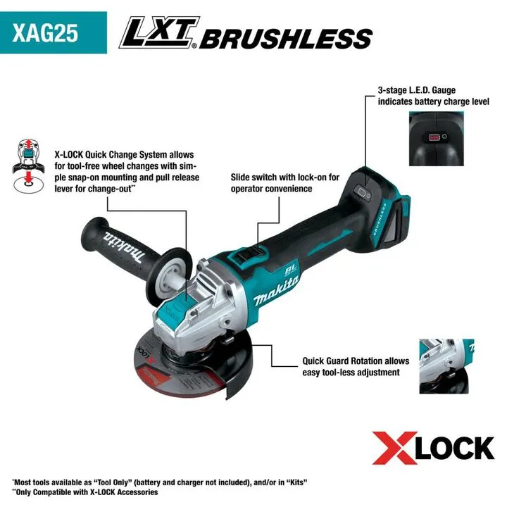 Makita 18V LXT Brushless Cordless 5-Inch X-LOCK Angle Grinder with AFT Safety System 2