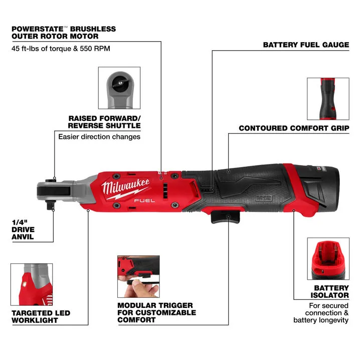 Milwaukee M12 FUEL 1/4 Inch Ratchet Kit - Professional Grade Cordless Precision 2
