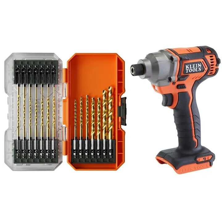 Klein Tools Compact Impact Driver (Bare Tool) & 21-Piece Titanium Drill Bit Set Bundle