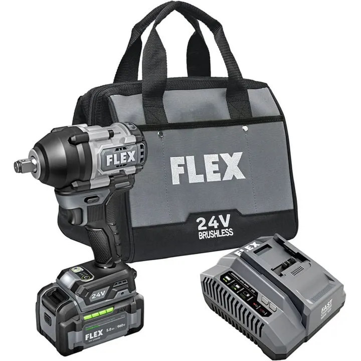 FLEX 24V Cordless 1/2 Inch Mid Torque Impact Wrench Kit - Professional Grade Performance