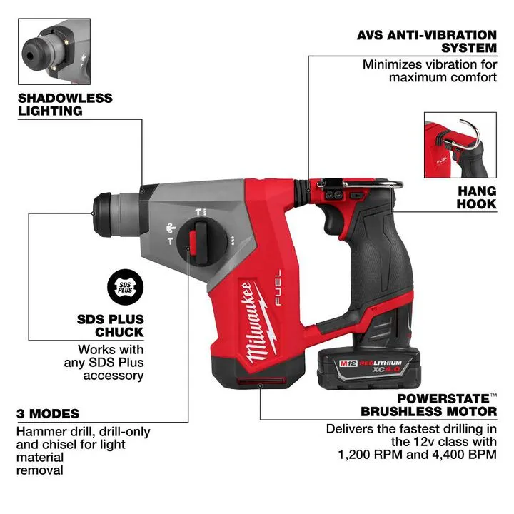 Milwaukee M12 FUEL 5/8 Inch SDS Plus Rotary Hammer Kit - High-Performance Cordless Drilling 2