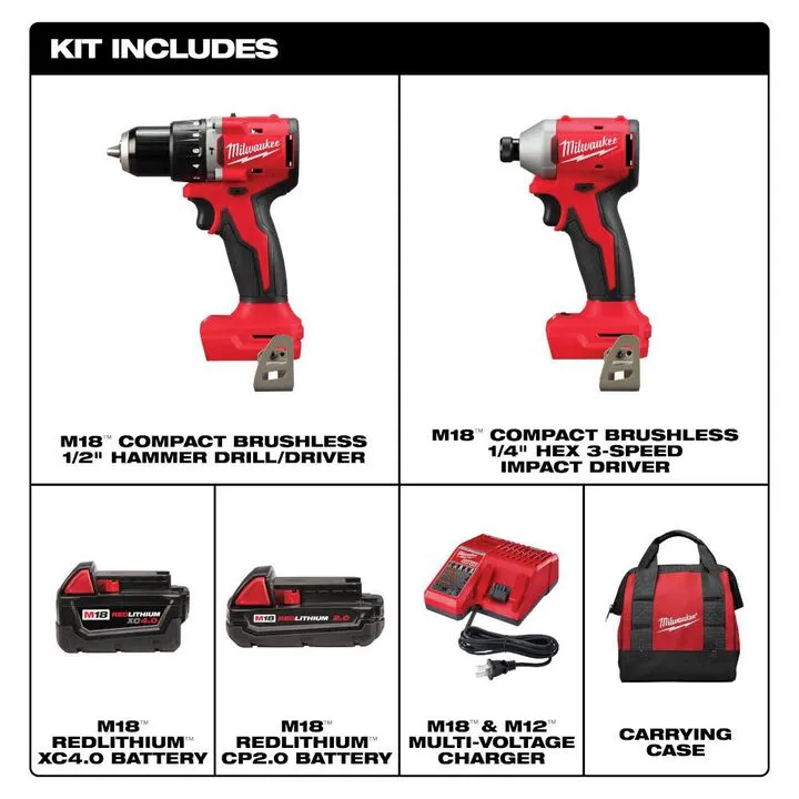 Milwaukee M18 Compact Brushless 2-Tool Combo Kit - High-Performance Cordless Solution 1