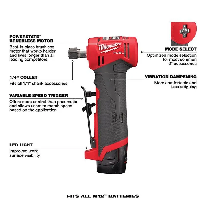 Milwaukee M12 FUEL Right Angle Die Grinder 2-Battery Kit - Professional Grade Cordless Precision 3