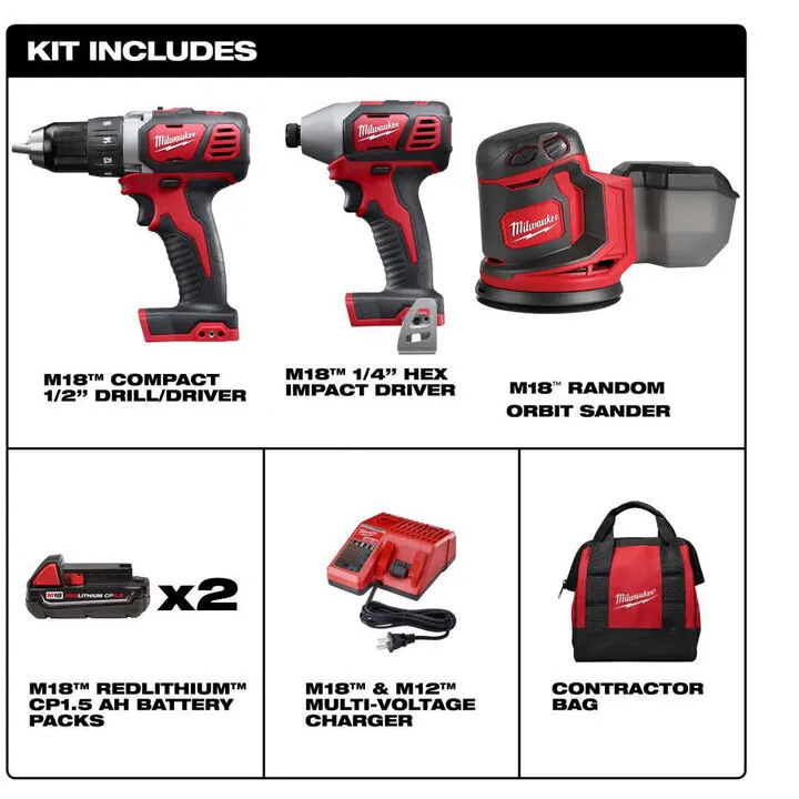 Milwaukee M18 3-Piece Cordless Combo Kit: Drill Driver, Impact Driver & Random Orbit Sander 1