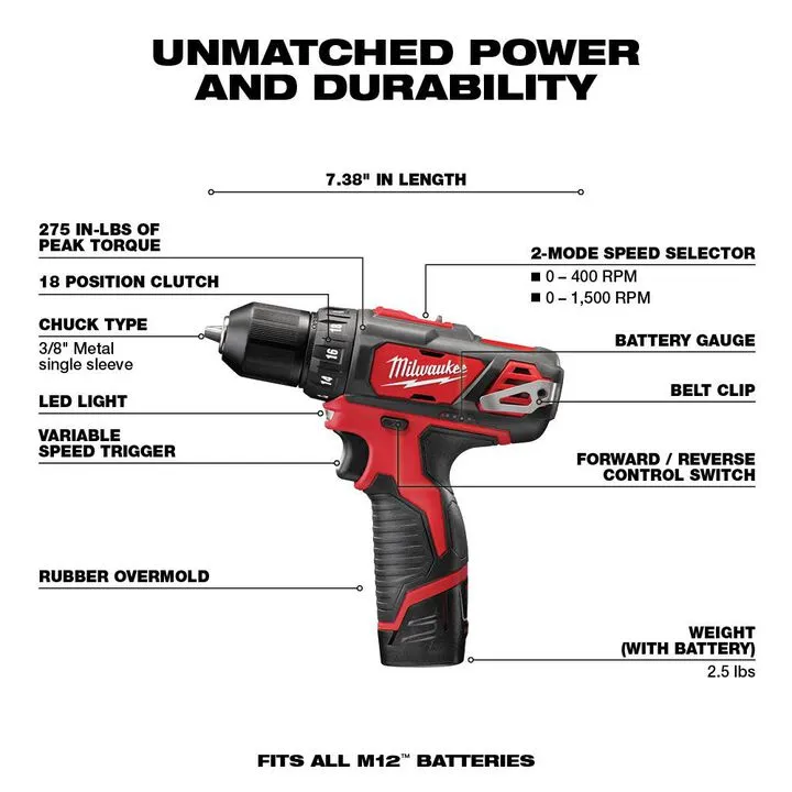 Milwaukee M12 3/8 in. Cordless Drill/Driver Kit - Compact Precision Power 2