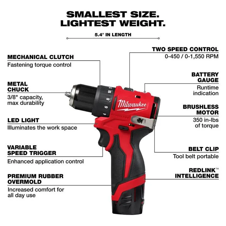 Milwaukee M12 Subcompact Brushless 3/8 Inch Drill/Driver Kit 3