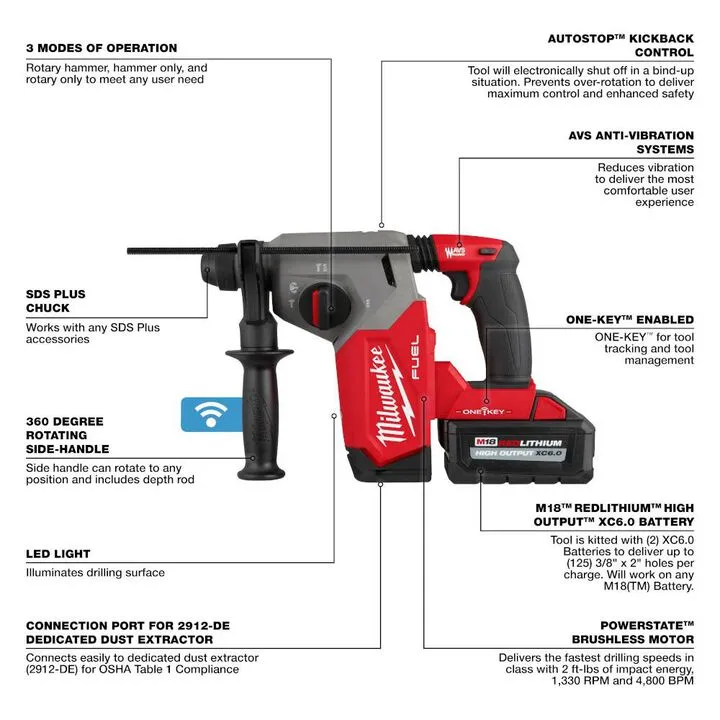 Milwaukee M18 FUEL 1-inch SDS Plus Rotary Hammer with ONE-KEY & Dust Extractor Kit 3