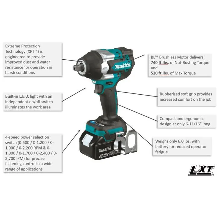 Makita XWT15Z 18V LXT Lithium-Ion Cordless 1/2in Square Drive 4-Speed Impact Wrench - Tool Only 1