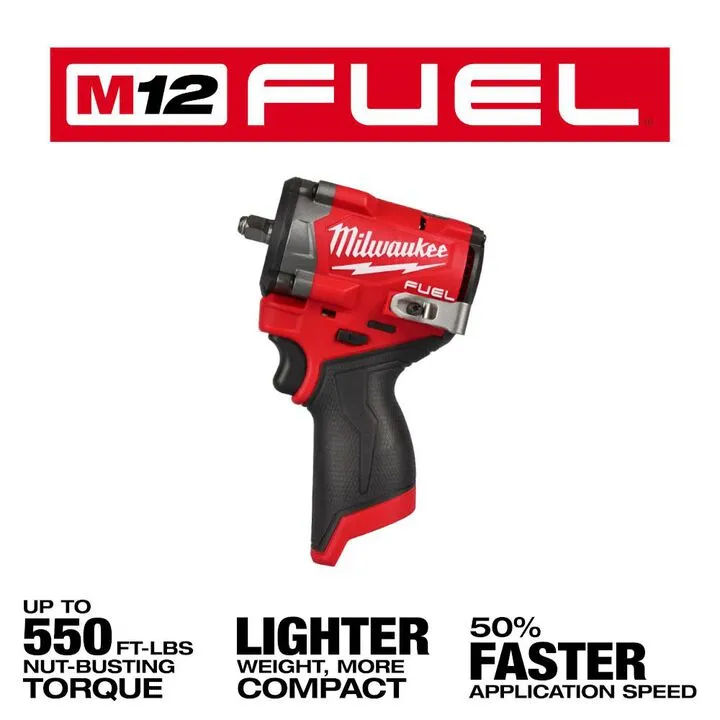 Milwaukee M12 FUEL Stubby 3/8 Inch Impact Wrench (Bare Tool) - Compact Power Optimized 1