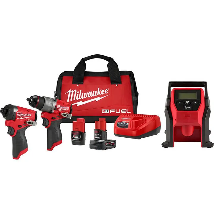 Milwaukee M12 FUEL Drill, Driver & Inflator Professional Combo Kit