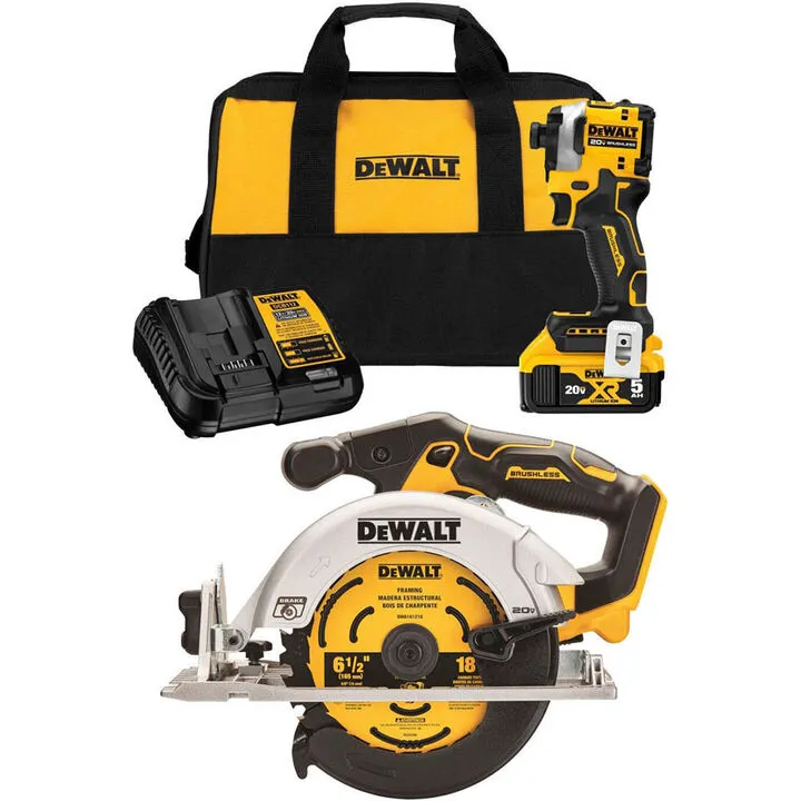 DEWALT 20V MAX Brushless 1/4-inch Impact Driver & 6-1/2-inch Circular Saw Combo Kit