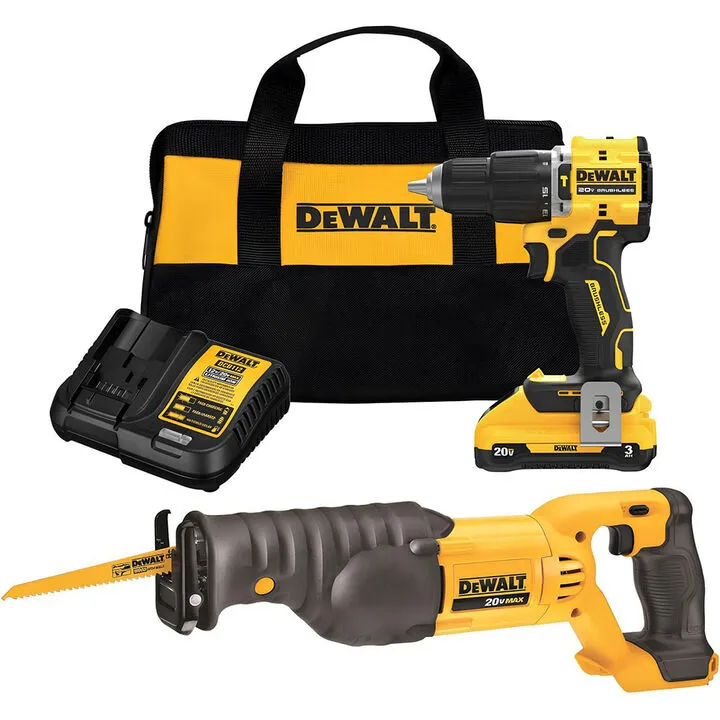 DEWALT ATOMIC 20V MAX Compact Hammer Drill & Li-Ion Reciprocating Saw Kit - High-Performance Professional Bundle