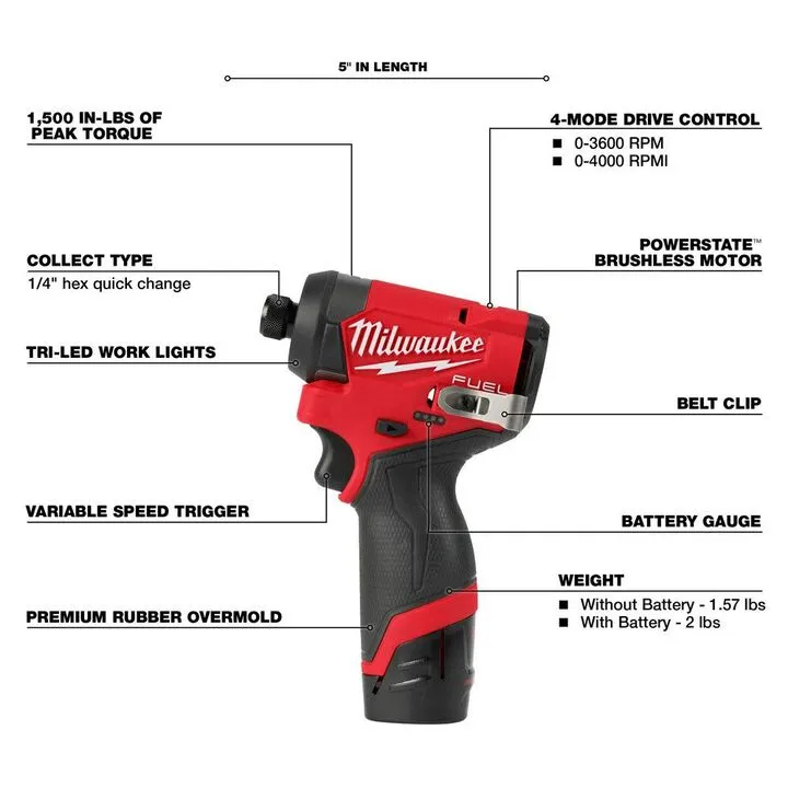 Milwaukee M12 FUEL 1/4 inch Hex Impact Driver Kit - Optimized for Precision Performance 2