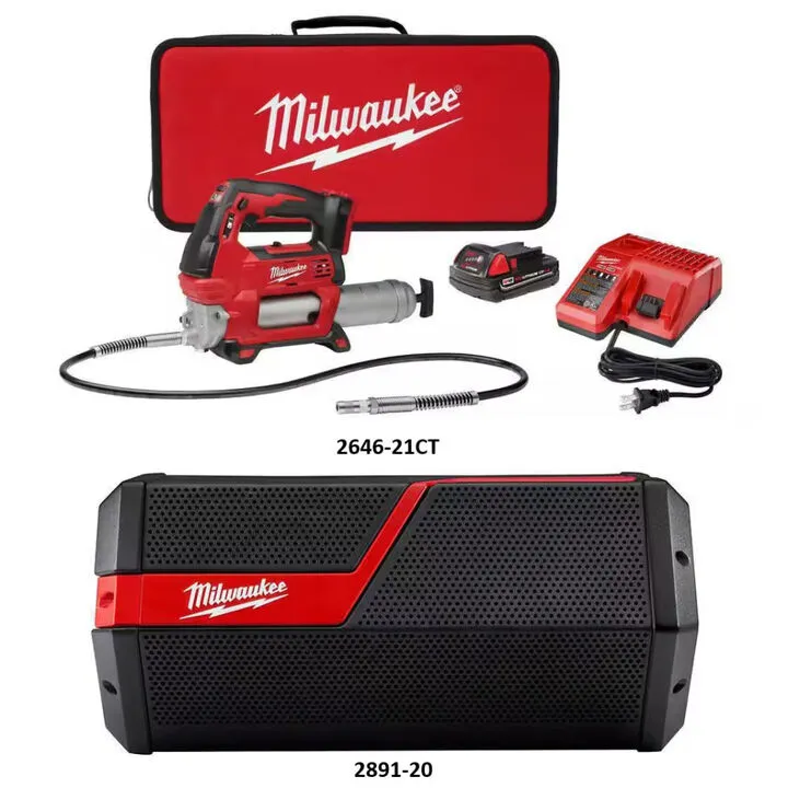 Milwaukee M18 2-Speed Cordless Grease Gun & M18/M12 Jobsite Speaker Professional Bundle 1