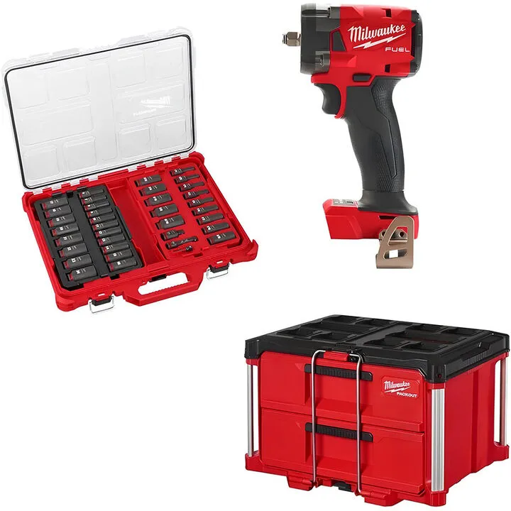 Milwaukee M18 Impact Wrench (Bare Tool) with 36-Piece Socket Set & 2-Drawer Tool Box Bundle