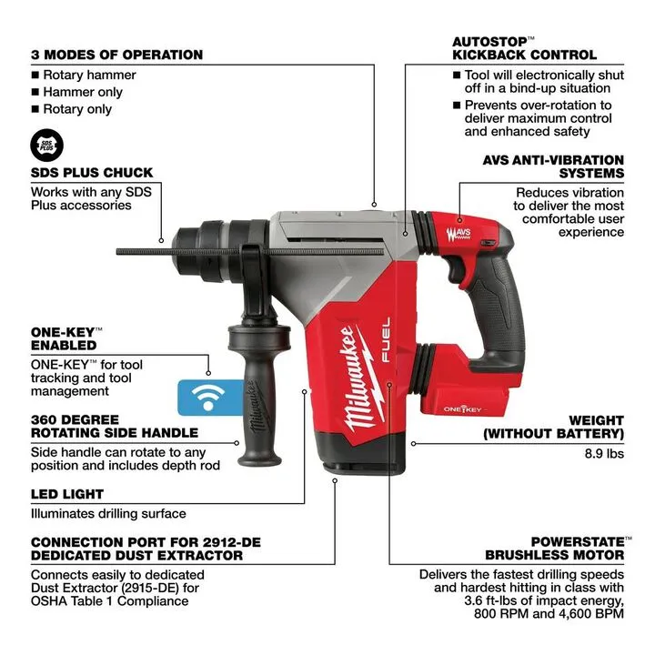 Milwaukee M18 FUEL 1-1/8 Inch SDS Plus Rotary Hammer with ONE-KEY (Reconditioned Bare Tool) 3