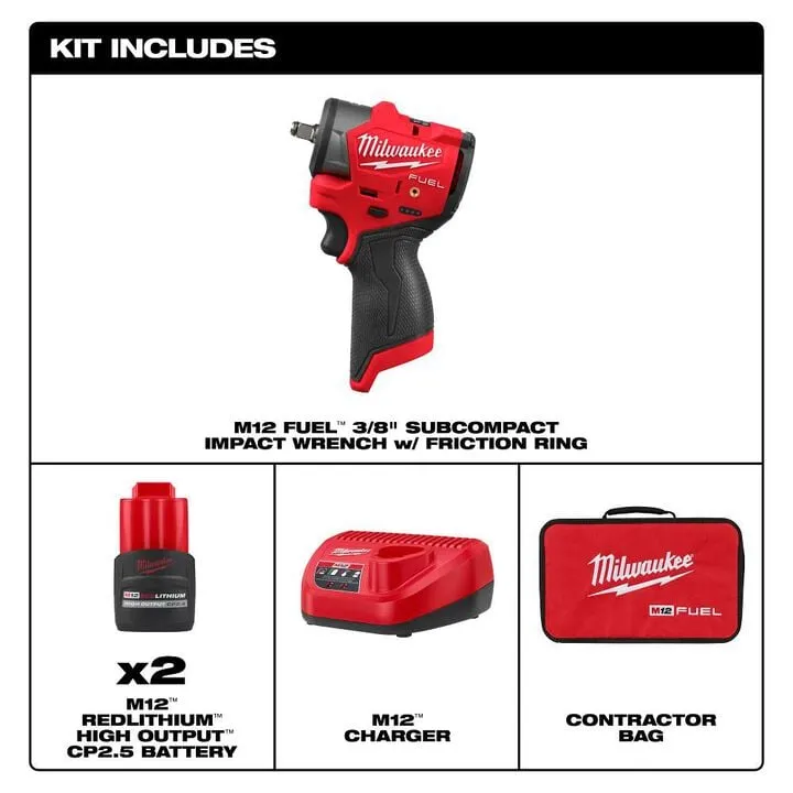Milwaukee M12 FUEL 3/8 Inch Subcompact Impact Wrench with Friction Ring Kit 1