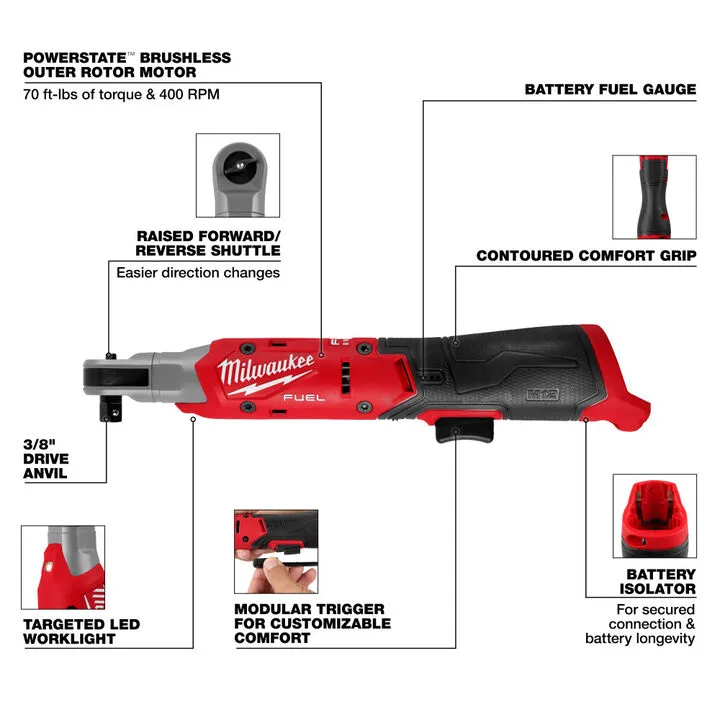 Milwaukee M12 FUEL 3/8 Inch Ratchet Kit: High-Performance Cordless Power with 2.5Ah Battery 4