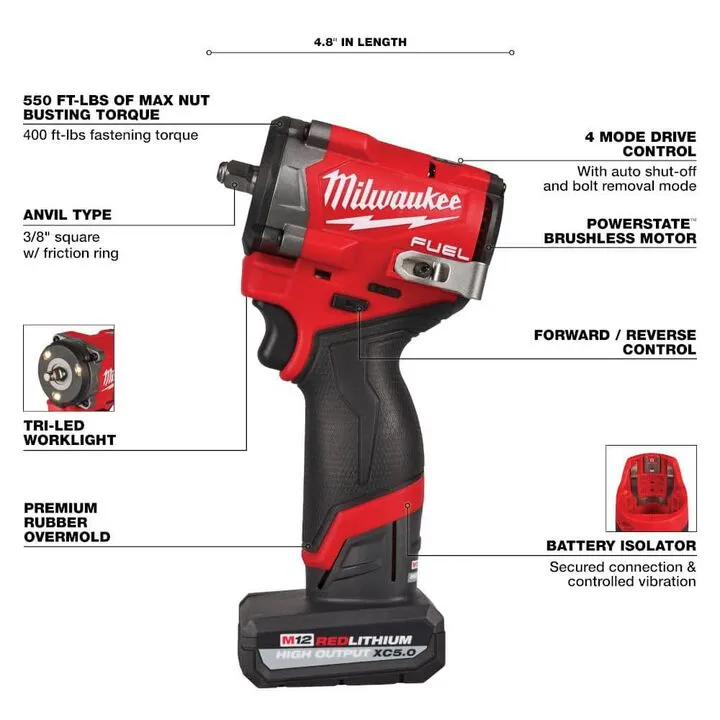 Milwaukee M12 FUEL 3/8 In. Stubby Impact Wrench with 4.0Ah & 2.0Ah Battery Starter Kit 5