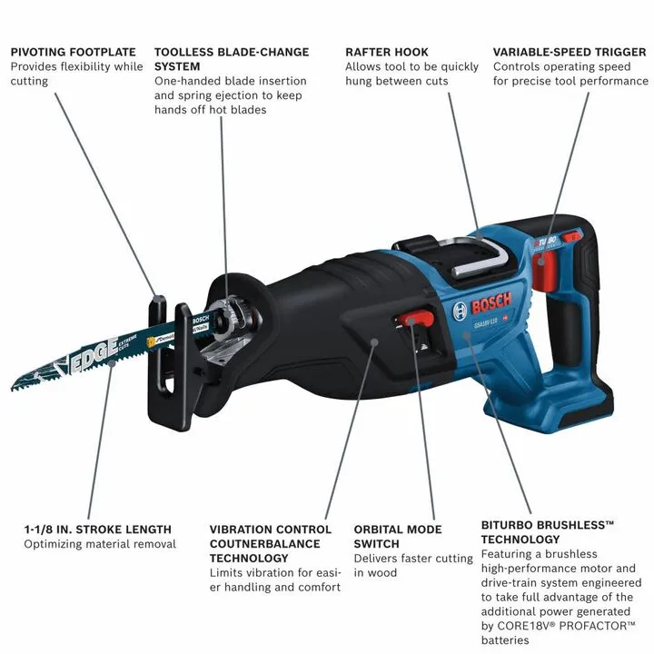 Bosch PROFACTOR 18V 1 1/8in Reciprocating Saw (Bare Tool) - BITURBO Brushless Performance 1
