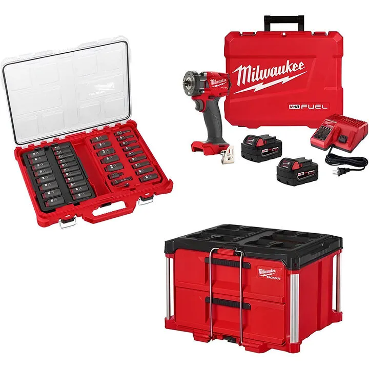 Milwaukee M18 Impact Wrench with 36-Piece Socket Set and 2-Drawer Tool Box Bundle