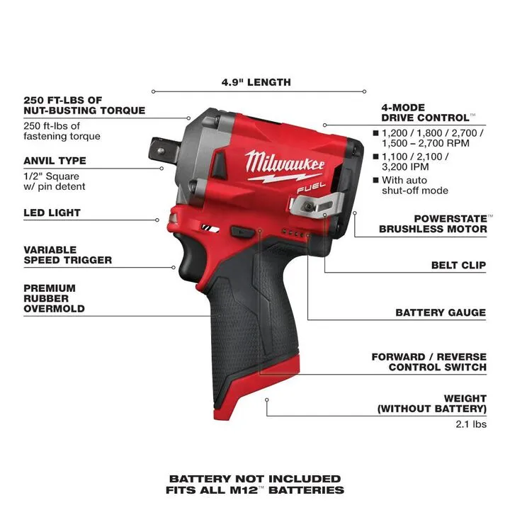 Milwaukee M12 FUEL Stubby 1/2-inch Impact Wrench (Reconditioned - Bare Tool) 2
