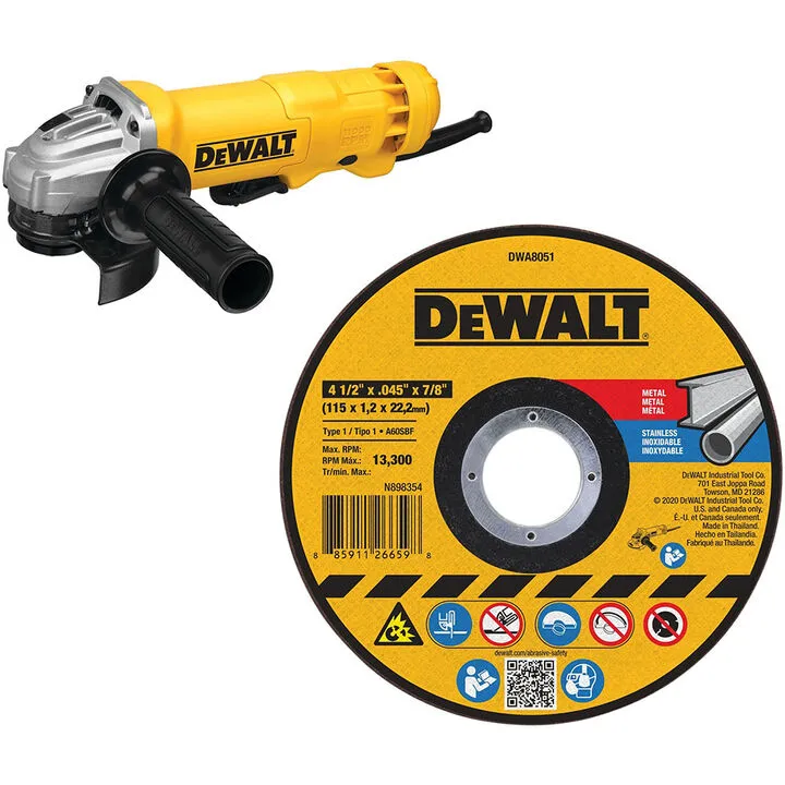 DEWALT 4-1/2 Inch Angle Grinder with 10-Pack Metal Cut-Off Wheels Professional Bundle