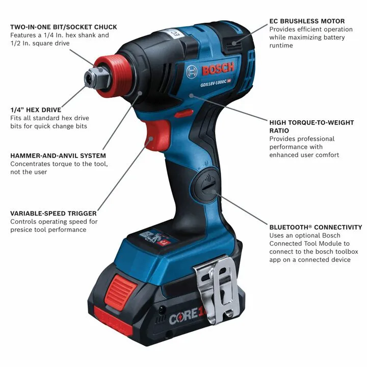 Bosch 18V EC Freak 1/4in & 1/2in Two-In-One Bit/Socket Impact Driver Kit (Reconditioned) 1