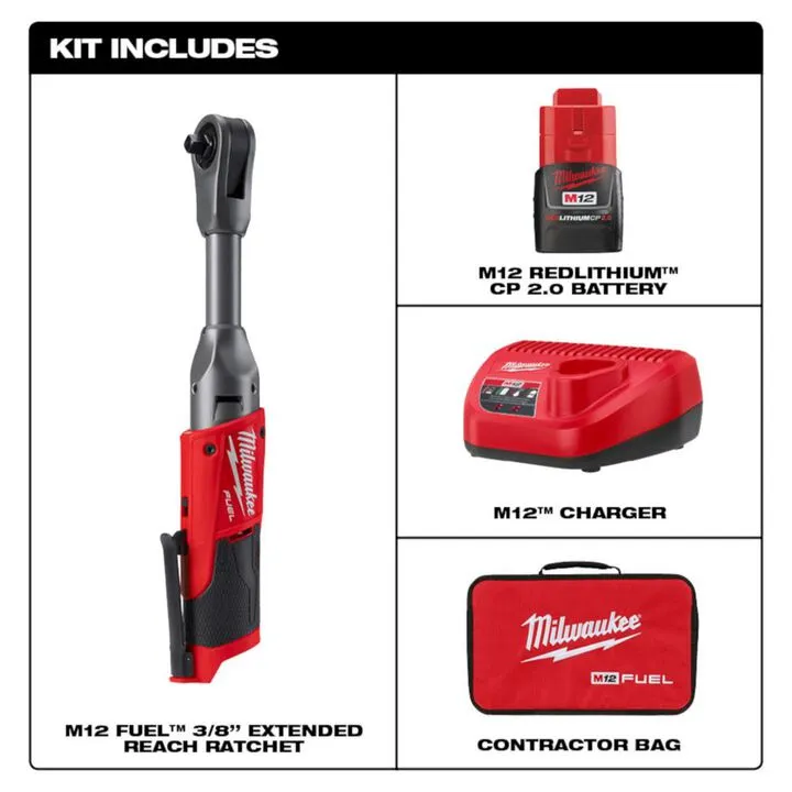 Milwaukee M12 FUEL 3/8 in. Extended Reach Ratchet Battery Kit - Professional Grade 1