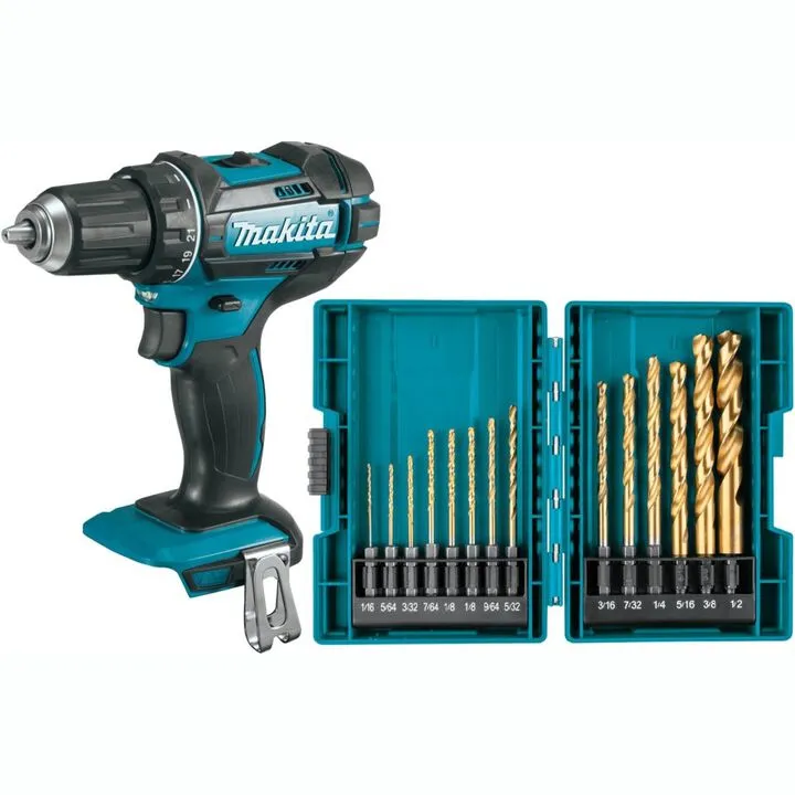 Makita 18V LXT Cordless 1/2-Inch Driver Drill (Tool Only) & Impact GOLD 14-Pc. Titanium Drill Bit Set