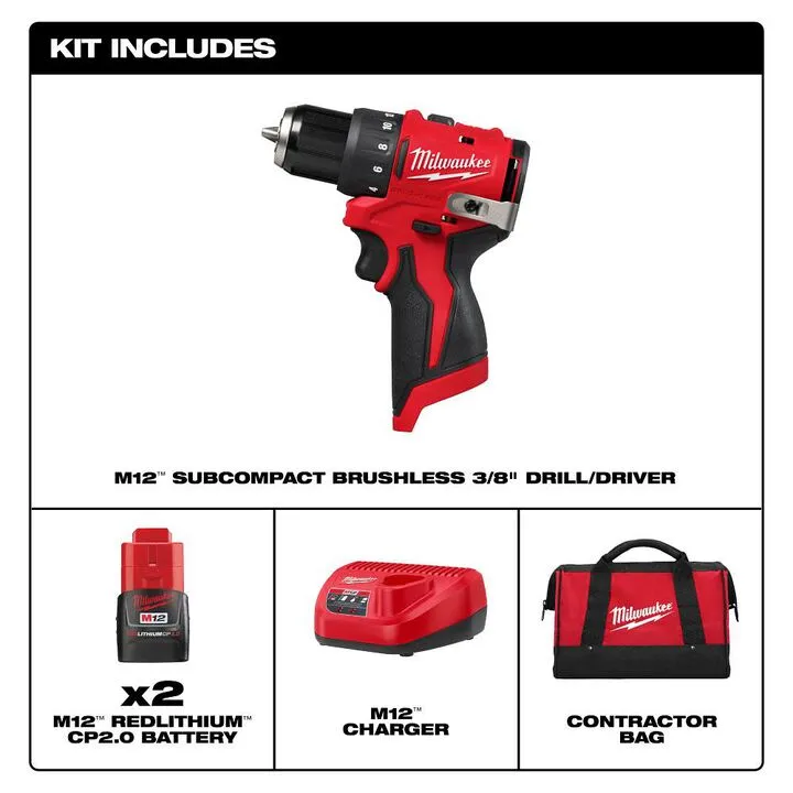 Milwaukee M12 Subcompact Brushless 3/8 Inch Drill/Driver Kit 2