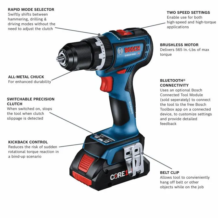 Bosch 18V EC Brushless 1/2 Inch Hammer Drill/Driver Kit with 2x CORE18V 4Ah Batteries 1