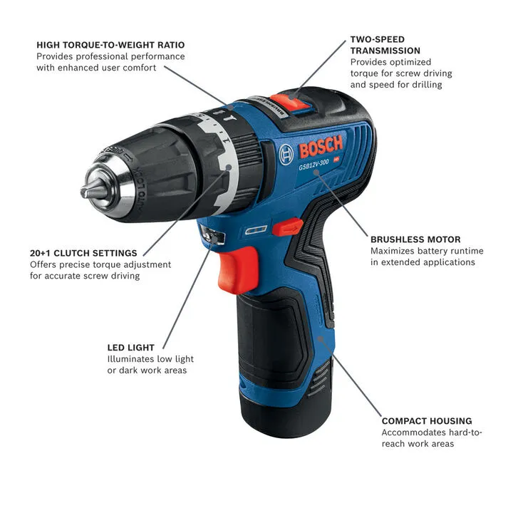 Bosch 12V Max 3/8in Hammer Drill/Driver Kit with 2 2.0 Ah Batteries 1