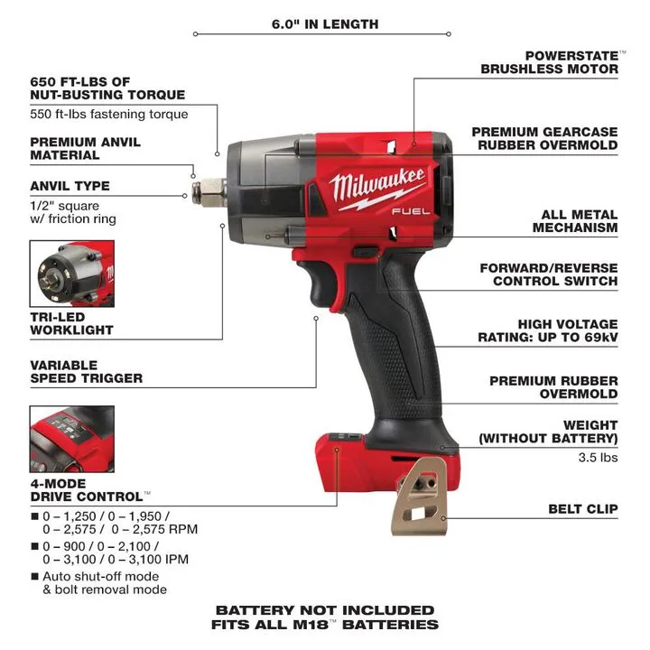 Milwaukee M18 FUEL 1/2 Mid-Torque Impact Wrench (Bare Tool) - Certified Reconditioned 2