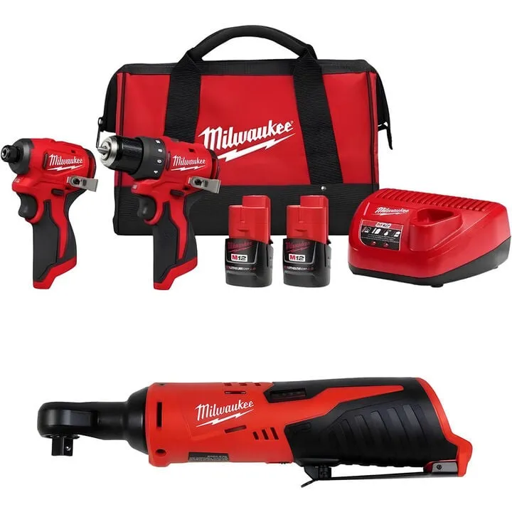 Milwaukee M12 Subcompact Brushless 2-Tool Combo Kit and 3/8 Inch Ratchet Bundle