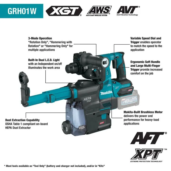 Makita 40V max XGT 1 1/8in AVT Rotary Hammer with Dust Extractor (Bare Tool) 1
