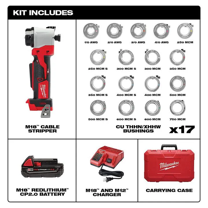 Milwaukee M18 Cable Stripper Kit with 17 Cu THHN / XHHW Bushings 1
