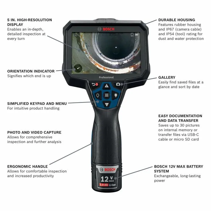 Bosch 12V Max Connected 11ft Handheld Inspection Camera Kit with 5-Inch Display 1