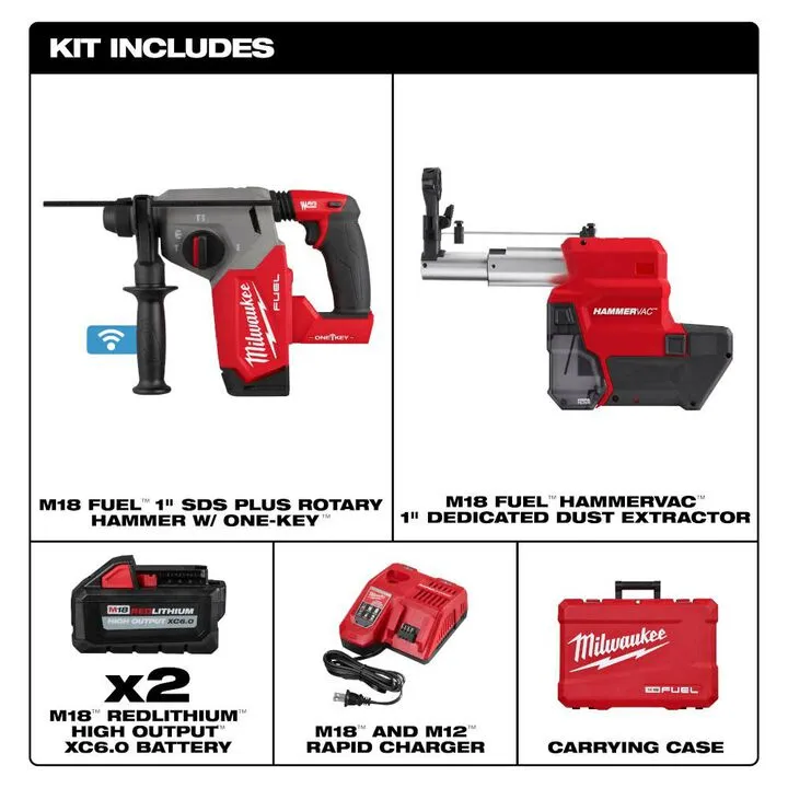 Milwaukee M18 FUEL 1-inch SDS Plus Rotary Hammer with ONE-KEY & Dust Extractor Kit 1