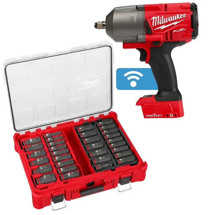 Milwaukee M18 FUEL 1/2 Inch High Torque Impact Wrench & 31PC SHOCKWAVE Impact Duty Socket Set with PACKOUT