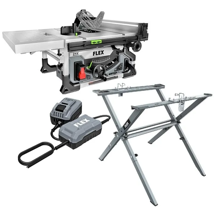 FLEX 8-1/4 Inch Table Saw (Bare Tool) with 24V Power Adapter & Heavy-Duty Folding Saw Stand