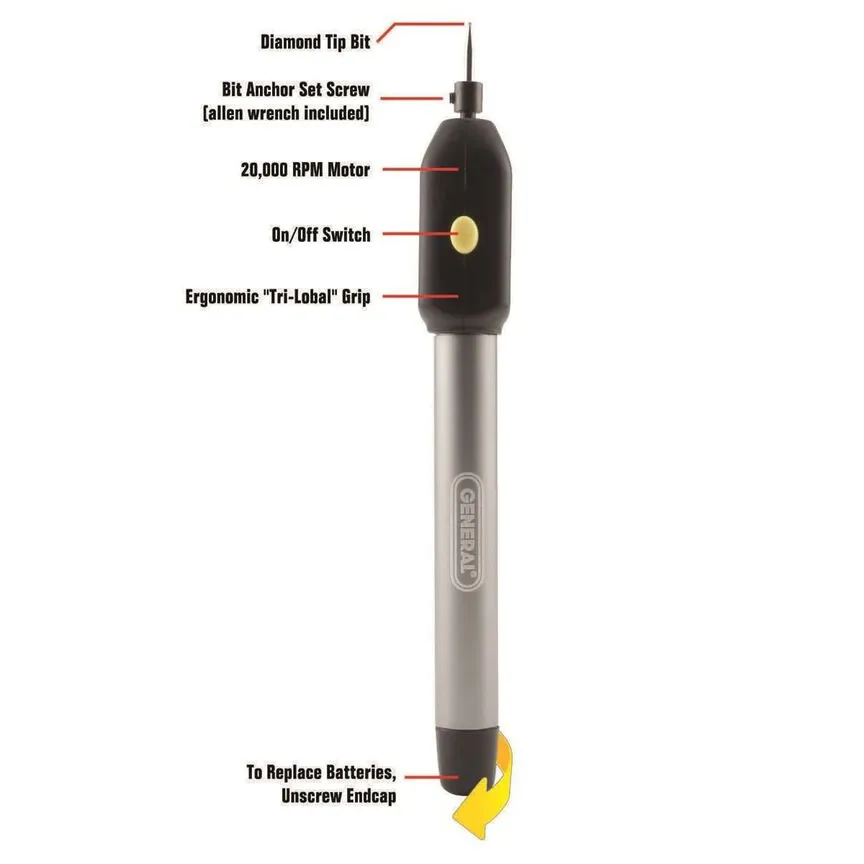 General Tools 3/32 Inch Diamond Bit Battery-Powered Cordless Precision Engraver 1