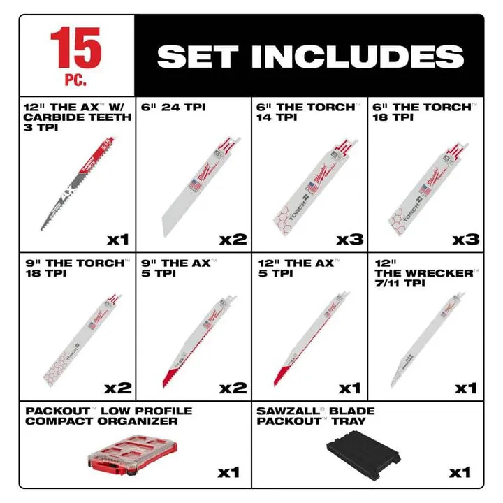 Milwaukee M18 Cordless Reciprocating Saw Bundle - Includes (2) XC5.0 Batteries & 15-Piece Blade Packout Kit 10