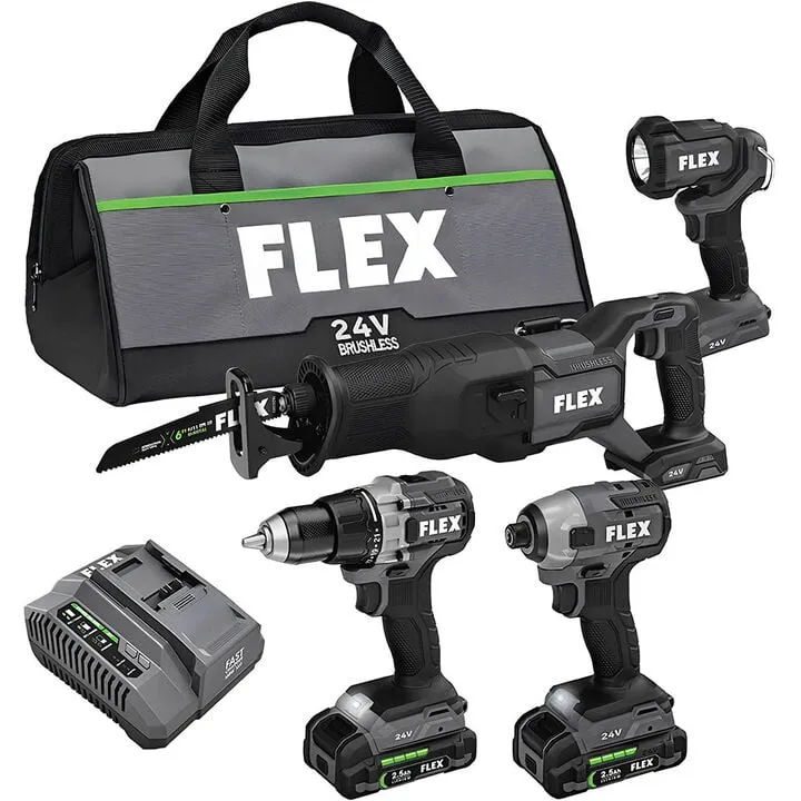 FLEX 24V Cordless 4-Tool Combo Kit: Drill Driver, Impact Driver, Reciprocating Saw, and LED Work Light