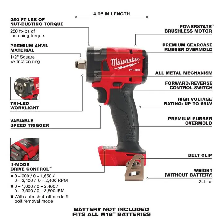 Milwaukee M18 FUEL 1/2 Compact Impact Wrench with Friction Ring (Reconditioned - Bare Tool) 2